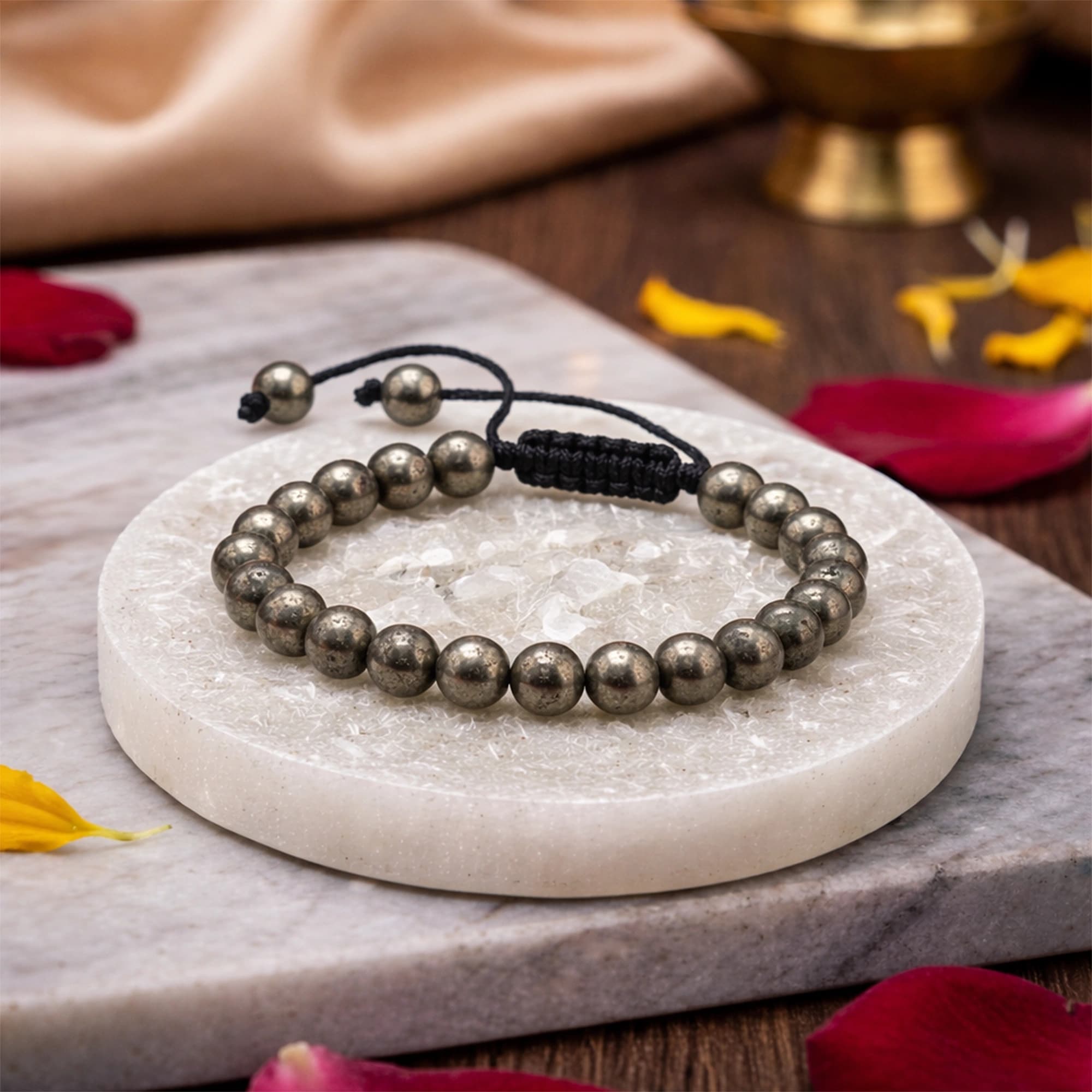 Natural Pyrite Gold Bead Bracelet – Handmade, 8mm Stretch Fit, Unisex | Money Attraction, Confidence & Financial Growth | Stone of Wealth